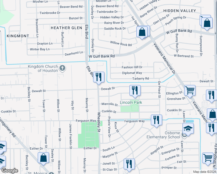 map of restaurants, bars, coffee shops, grocery stores, and more near 8503 Cottage Gate Lane in Houston