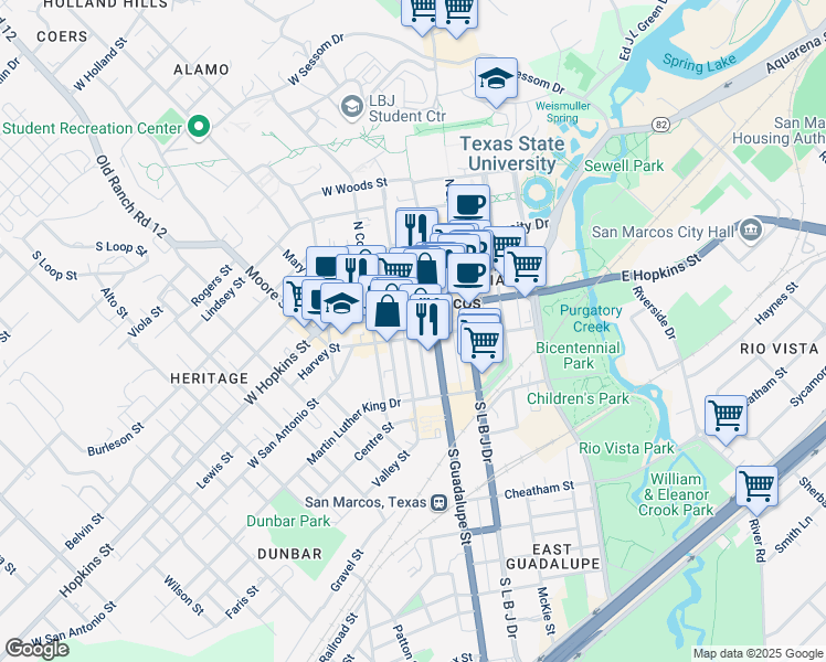 map of restaurants, bars, coffee shops, grocery stores, and more near 126 West Hopkins Street in San Marcos