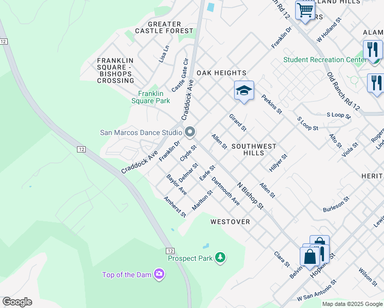 map of restaurants, bars, coffee shops, grocery stores, and more near 1410 Dartmouth Avenue in San Marcos
