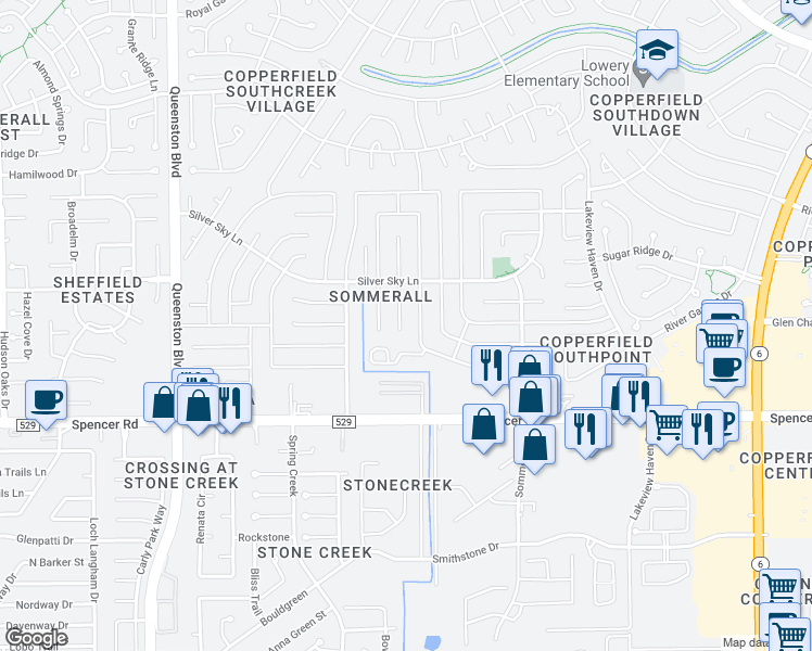 map of restaurants, bars, coffee shops, grocery stores, and more near 7214 Skybright Lane in Houston