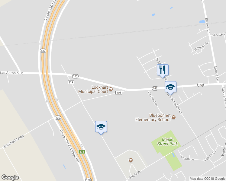 map of restaurants, bars, coffee shops, grocery stores, and more near 1910 West San Antonio Street in Lockhart