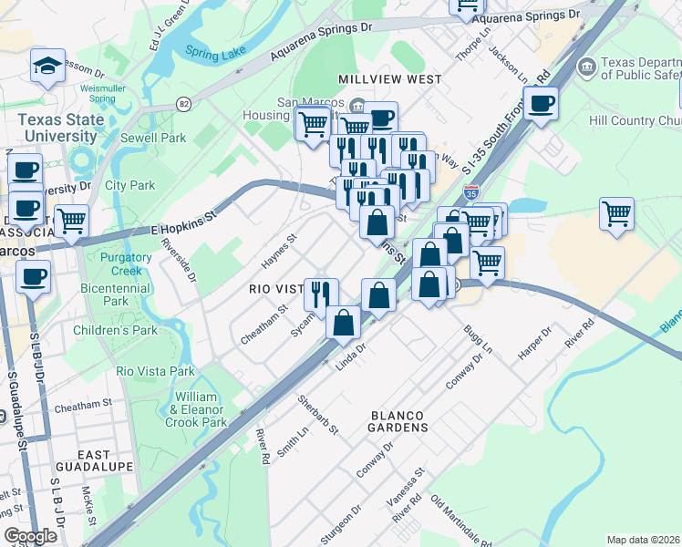 map of restaurants, bars, coffee shops, grocery stores, and more near 1119 Sycamore Street in San Marcos