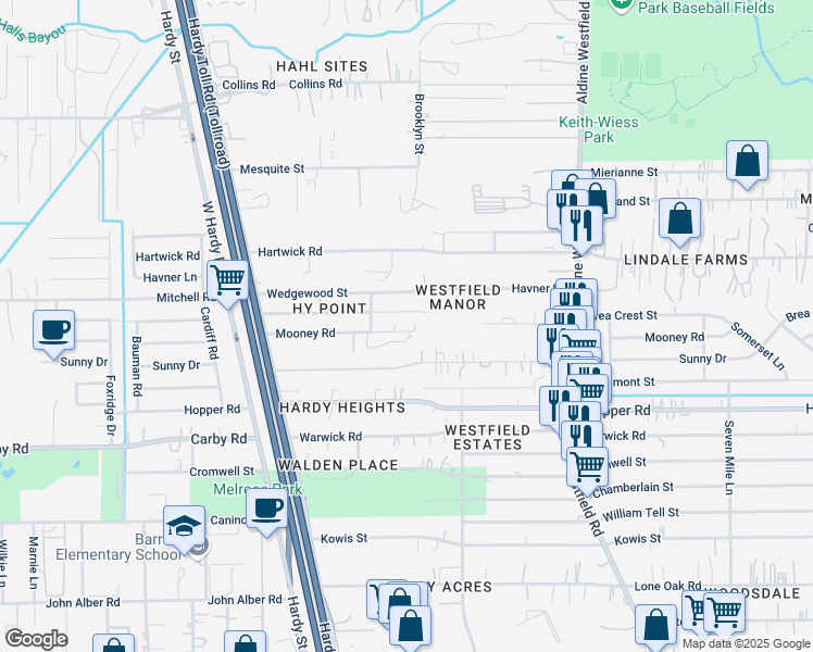 map of restaurants, bars, coffee shops, grocery stores, and more near 1615 Birchwood Street in Houston