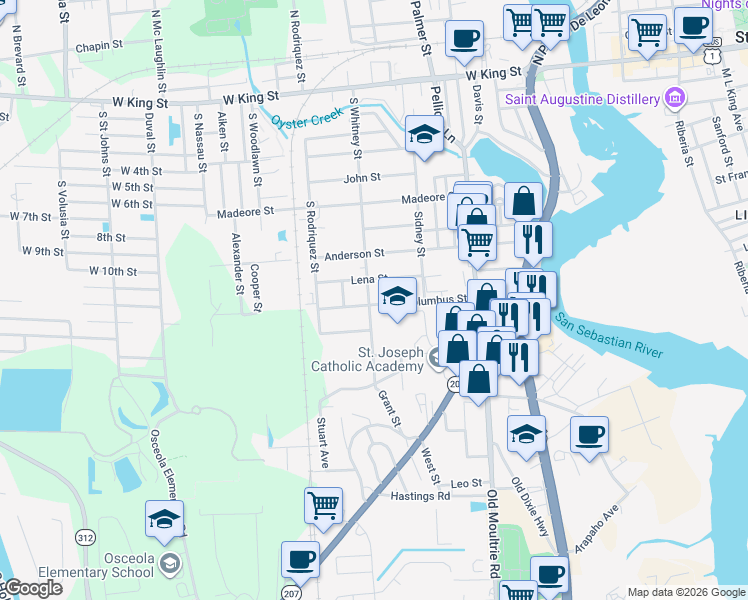 map of restaurants, bars, coffee shops, grocery stores, and more near 916 South Whitney Street in St. Augustine