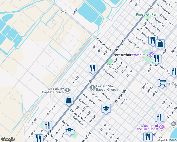 map of restaurants, bars, coffee shops, grocery stores, and more near 721 18th Street in Port Arthur