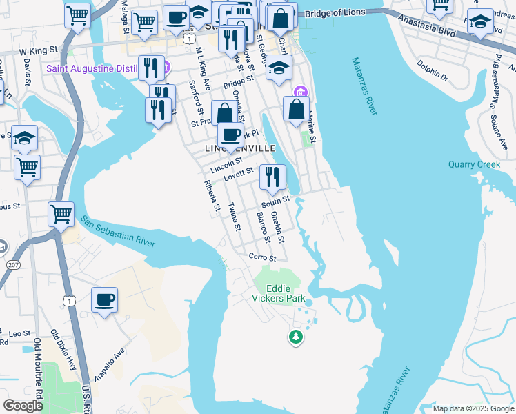 map of restaurants, bars, coffee shops, grocery stores, and more near 80 South Street in St. Augustine