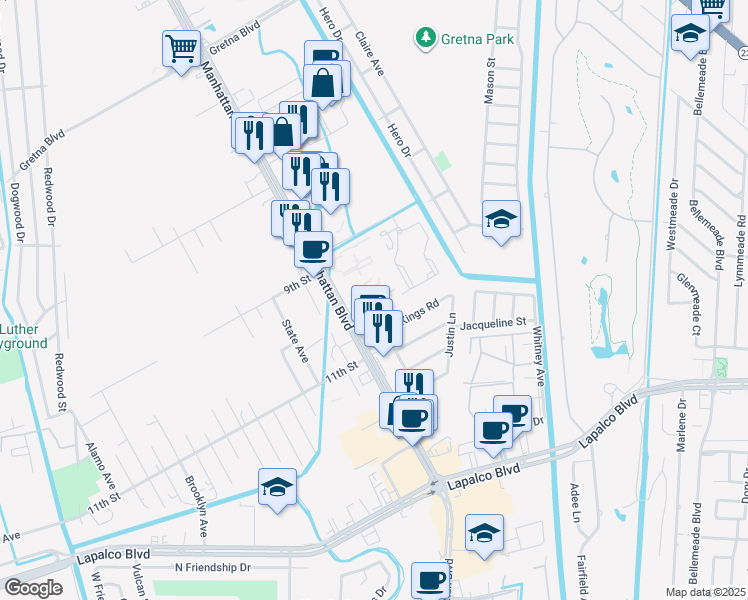 map of restaurants, bars, coffee shops, grocery stores, and more near 2201 Manhattan Boulevard in Harvey