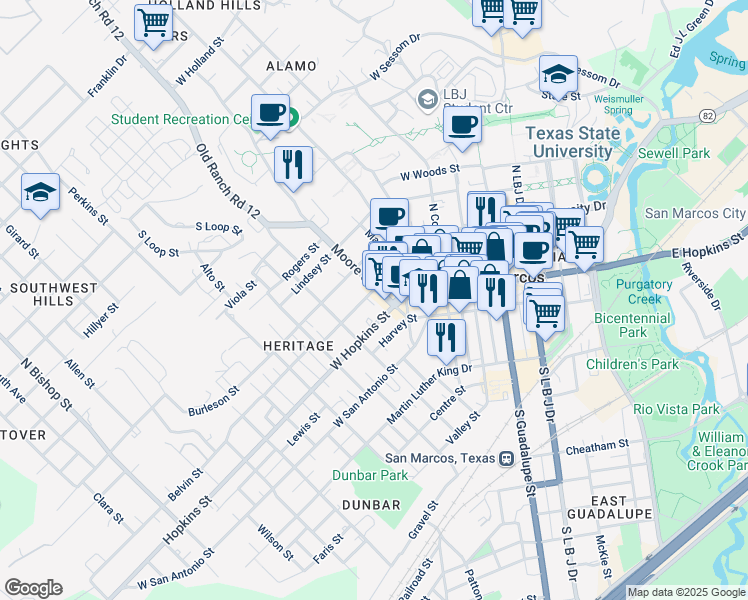 map of restaurants, bars, coffee shops, grocery stores, and more near 500 West Hutchison Street in San Marcos