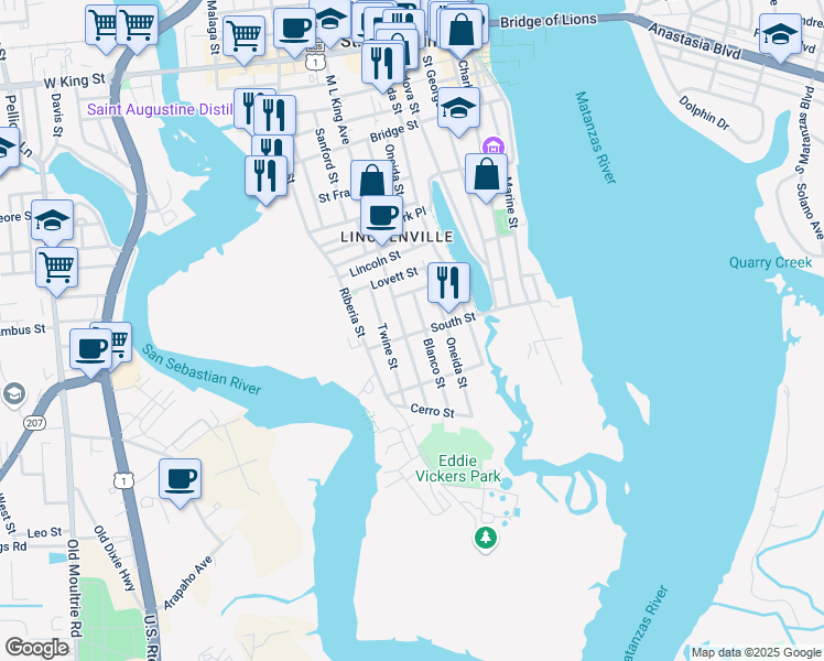 map of restaurants, bars, coffee shops, grocery stores, and more near 147 Martin Luther King Avenue in St. Augustine