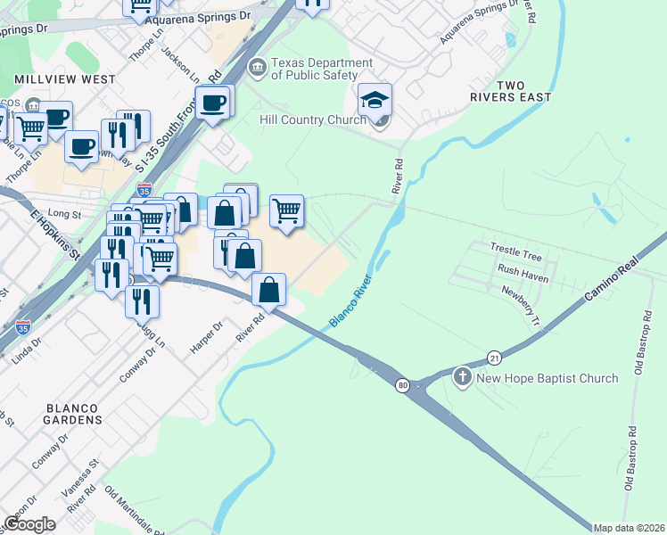 map of restaurants, bars, coffee shops, grocery stores, and more near 1650 River Road in San Marcos