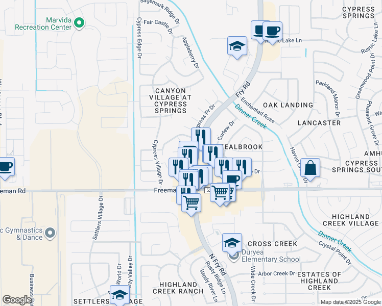 map of restaurants, bars, coffee shops, grocery stores, and more near 7122 Cypress Prairie Drive in Cypress