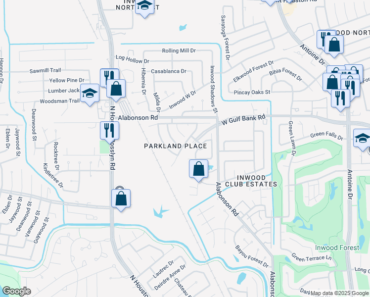 map of restaurants, bars, coffee shops, grocery stores, and more near 9707 Misty Vine Court in Houston
