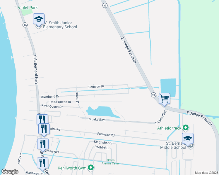 map of restaurants, bars, coffee shops, grocery stores, and more near 2732 Reunion Drive in Violet