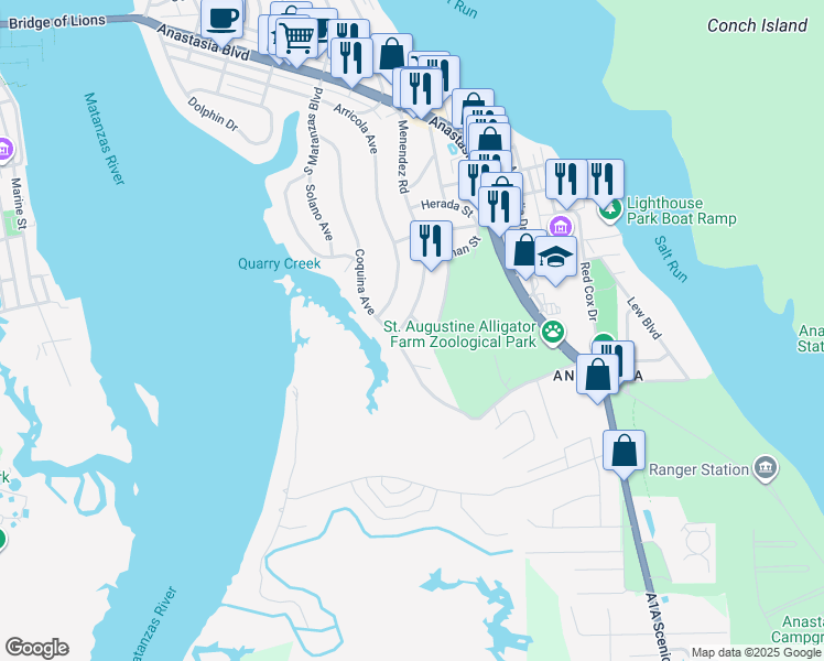map of restaurants, bars, coffee shops, grocery stores, and more near 138 Menendez Road in St. Augustine