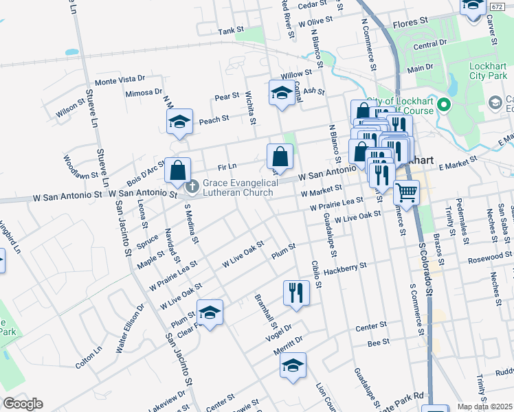 map of restaurants, bars, coffee shops, grocery stores, and more near 200 Concho Street in Lockhart