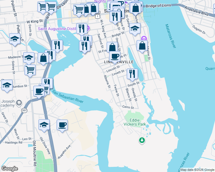 map of restaurants, bars, coffee shops, grocery stores, and more near 132 Twine Street in St. Augustine