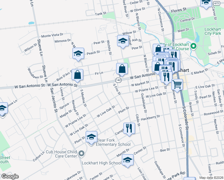 map of restaurants, bars, coffee shops, grocery stores, and more near 714 West San Antonio Street in Lockhart