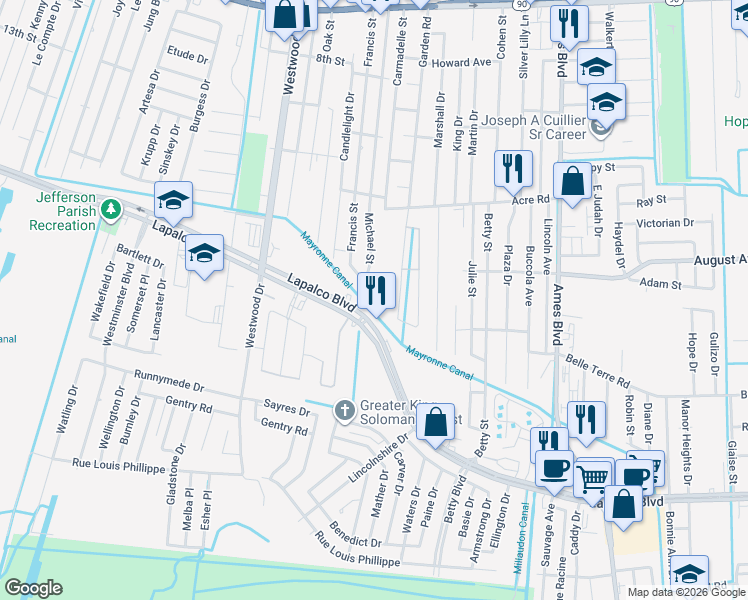 map of restaurants, bars, coffee shops, grocery stores, and more near 1405 Francis Street in Marrero