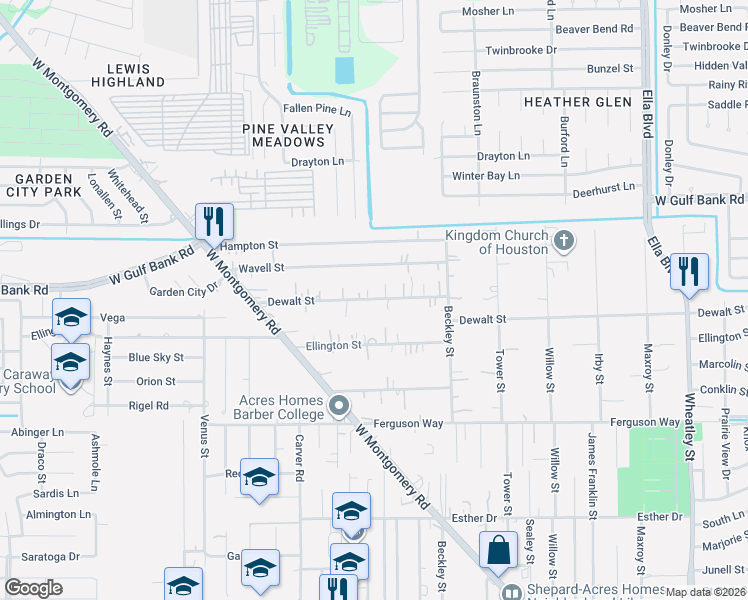 map of restaurants, bars, coffee shops, grocery stores, and more near 2116 Dewalt Street in Houston