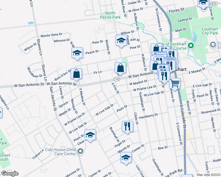map of restaurants, bars, coffee shops, grocery stores, and more near 714 West San Antonio Street in Lockhart