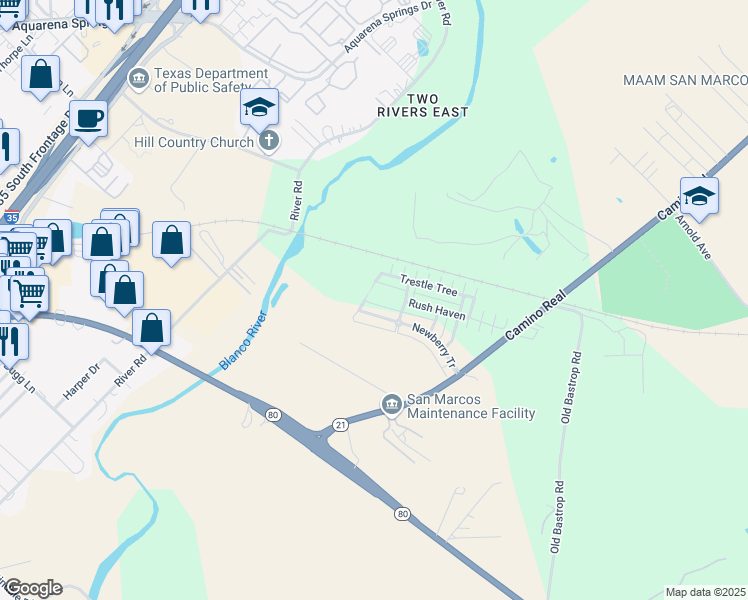 map of restaurants, bars, coffee shops, grocery stores, and more near 335 Rachel Street in San Marcos