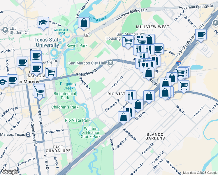 map of restaurants, bars, coffee shops, grocery stores, and more near 1017/19 Haynes Street in San Marcos