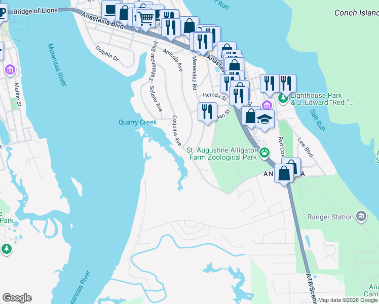 map of restaurants, bars, coffee shops, grocery stores, and more near 92 Coquina Avenue in St. Augustine