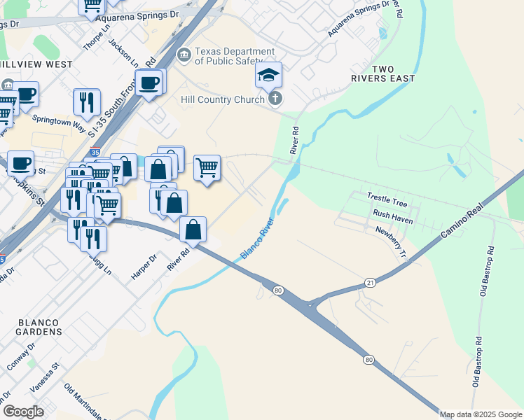 map of restaurants, bars, coffee shops, grocery stores, and more near 1700 River Road in San Marcos