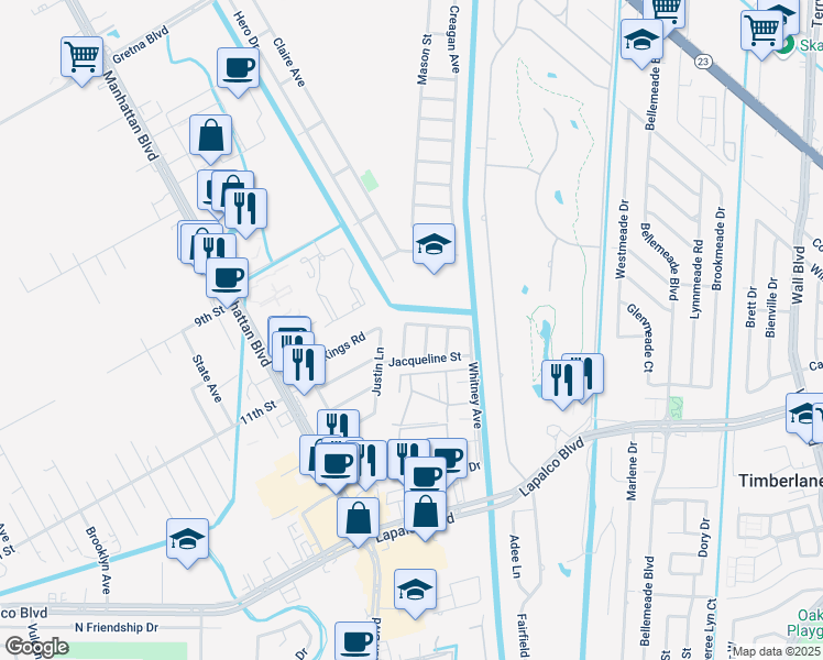 map of restaurants, bars, coffee shops, grocery stores, and more near 28 Ravenna Street in Harvey
