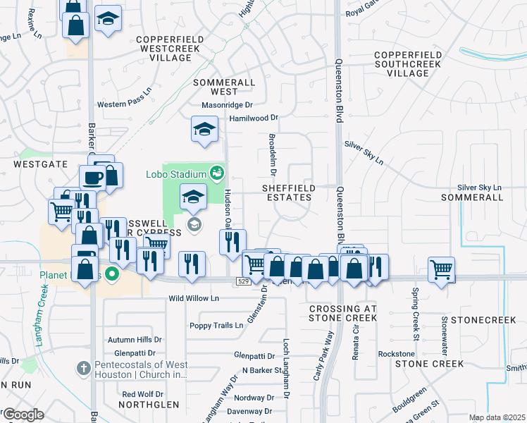 map of restaurants, bars, coffee shops, grocery stores, and more near 7238 Glenbank Way in Houston