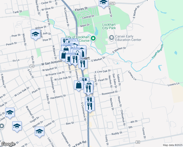 map of restaurants, bars, coffee shops, grocery stores, and more near 505 Teal Street in Lockhart