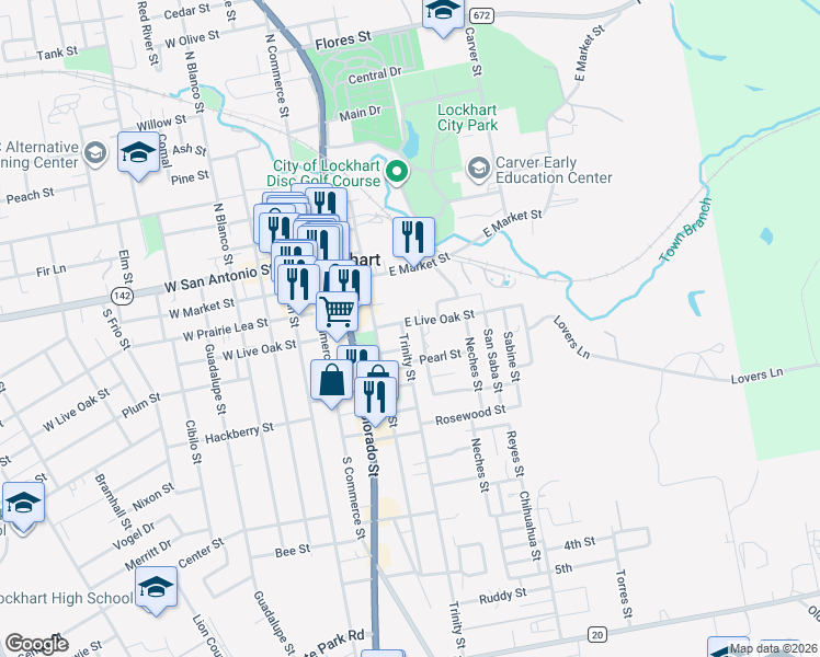 map of restaurants, bars, coffee shops, grocery stores, and more near 421 East Live Oak Street in Lockhart
