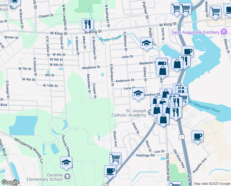 map of restaurants, bars, coffee shops, grocery stores, and more near 561 Lena Street in St. Augustine