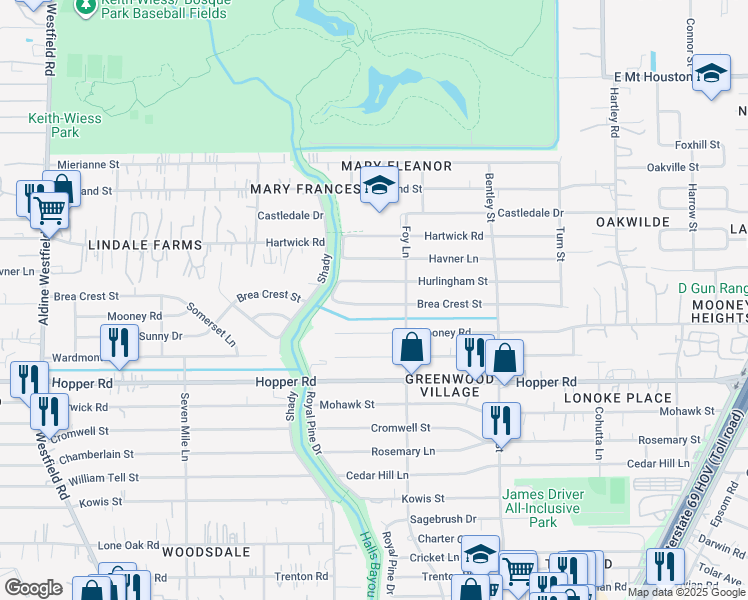 map of restaurants, bars, coffee shops, grocery stores, and more near 2915 Brea Crest Street in Houston