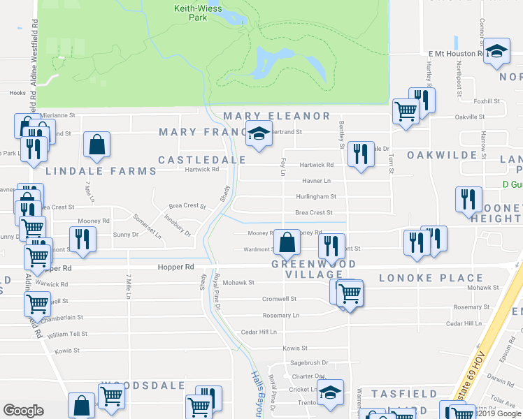map of restaurants, bars, coffee shops, grocery stores, and more near 2902 Hurlingham Street in Houston