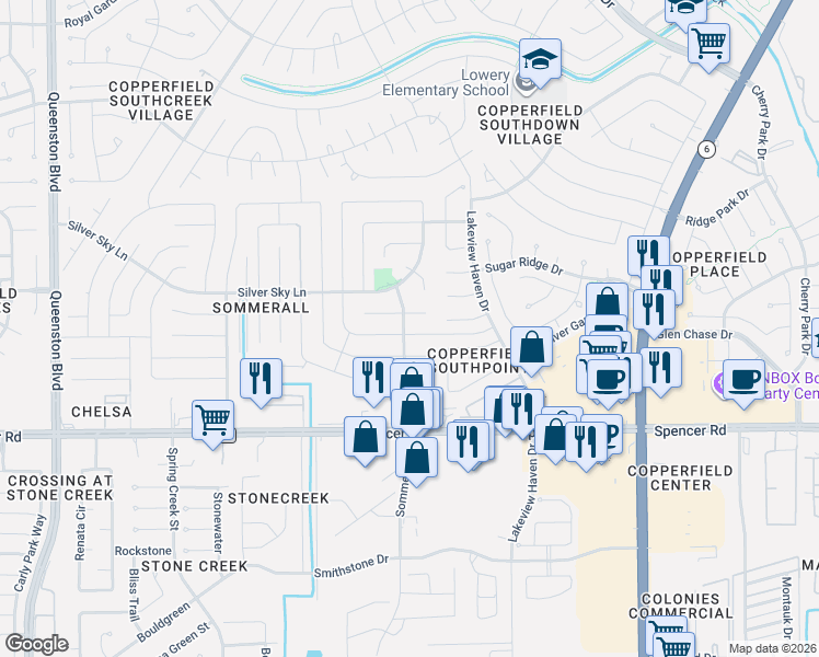 map of restaurants, bars, coffee shops, grocery stores, and more near 16307 Dew Drop Lane in Houston