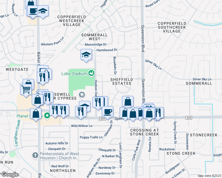 map of restaurants, bars, coffee shops, grocery stores, and more near 7238 Glenbank Way in Houston