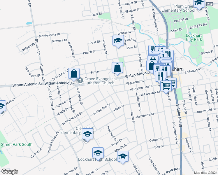 map of restaurants, bars, coffee shops, grocery stores, and more near 714 West San Antonio Street in Lockhart