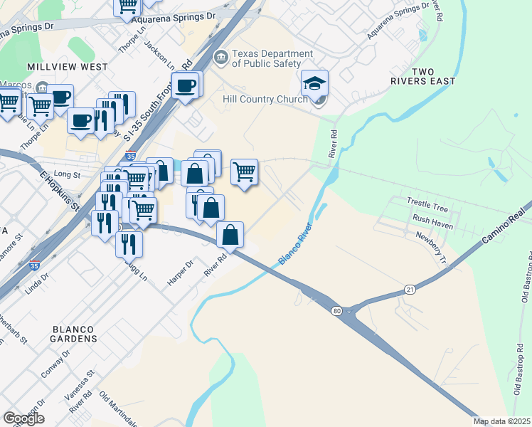 map of restaurants, bars, coffee shops, grocery stores, and more near 1601 River Road in San Marcos
