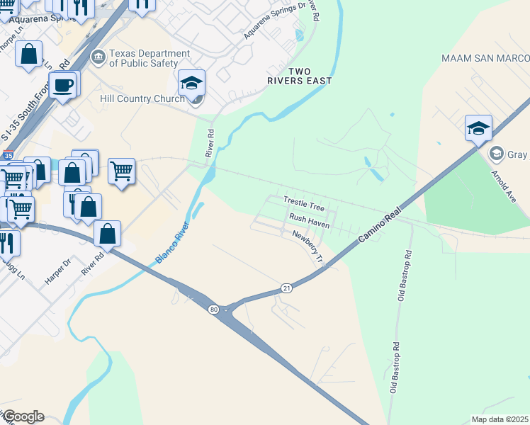 map of restaurants, bars, coffee shops, grocery stores, and more near 335 Rachel Street in San Marcos