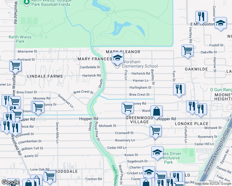 map of restaurants, bars, coffee shops, grocery stores, and more near 2902 Hurlingham Street in Houston