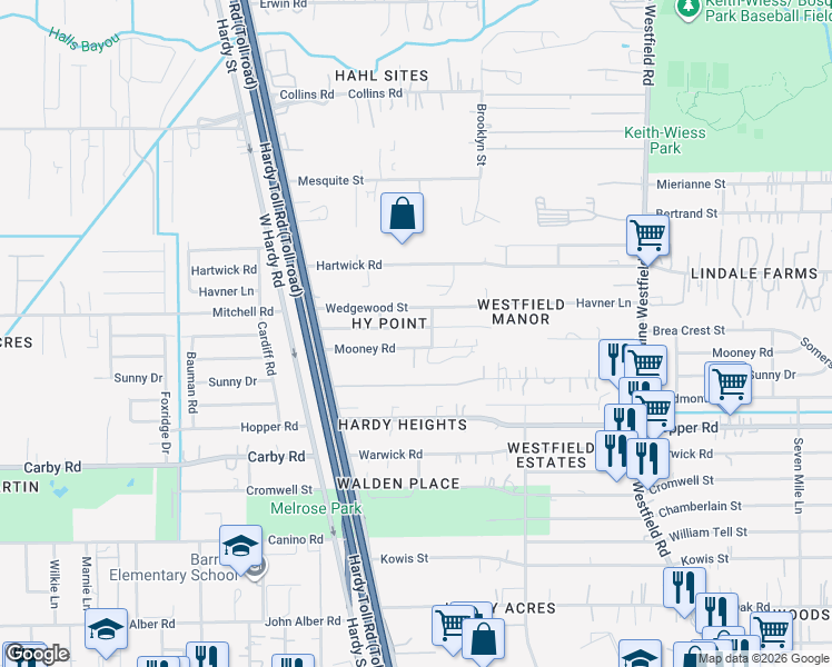 map of restaurants, bars, coffee shops, grocery stores, and more near 1527 Birchwood Street in Houston