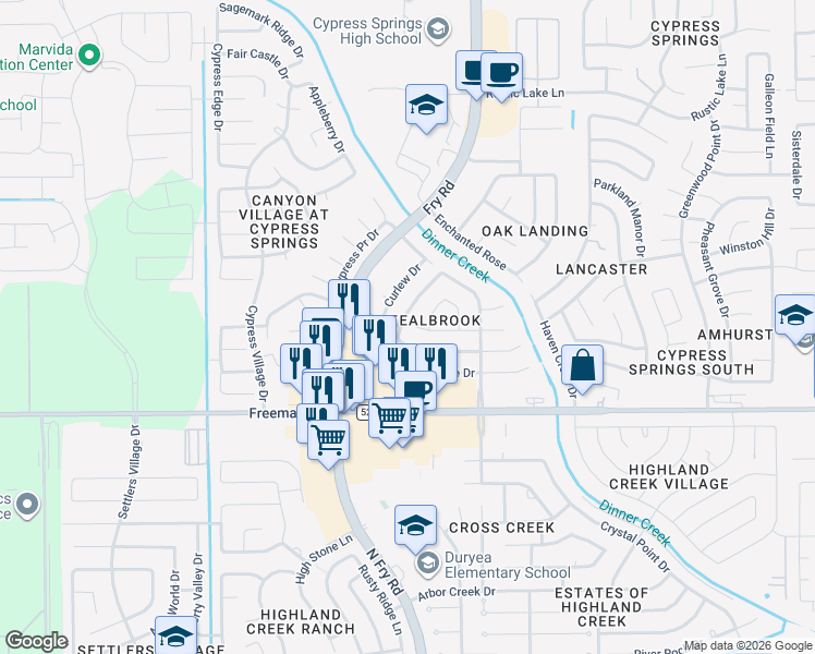 map of restaurants, bars, coffee shops, grocery stores, and more near 7122 Rising Brook Drive in Harris County