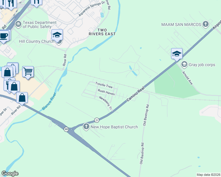 map of restaurants, bars, coffee shops, grocery stores, and more near 232 Trestle Tree in San Marcos