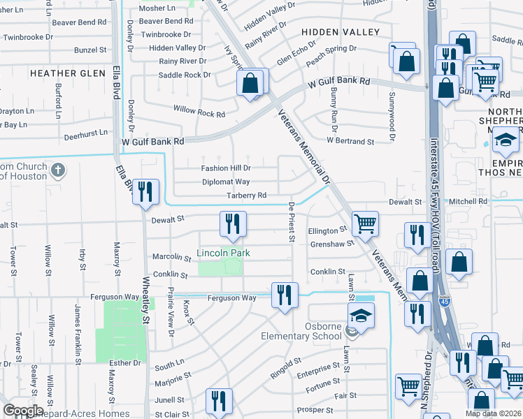map of restaurants, bars, coffee shops, grocery stores, and more near 938 Dewalt Street in Houston