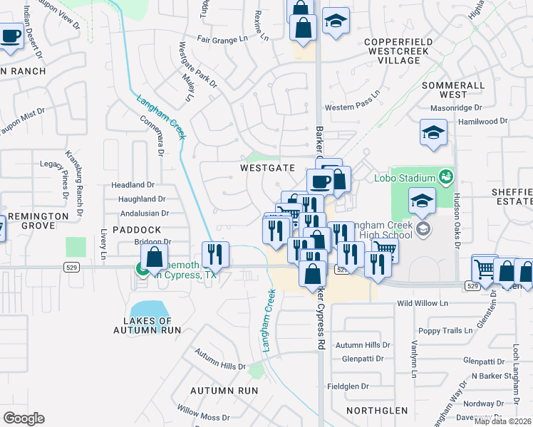 map of restaurants, bars, coffee shops, grocery stores, and more near 7203 Thornmeadow Lane in Cypress