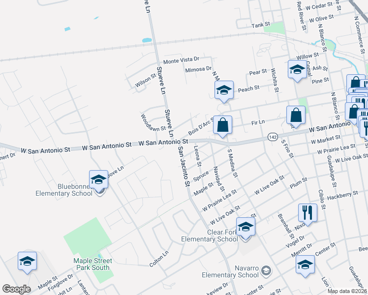 map of restaurants, bars, coffee shops, grocery stores, and more near 1220 West San Antonio Street in Lockhart