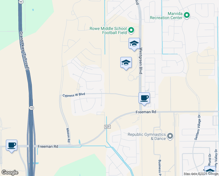 map of restaurants, bars, coffee shops, grocery stores, and more near Westgreen Road in Cypress