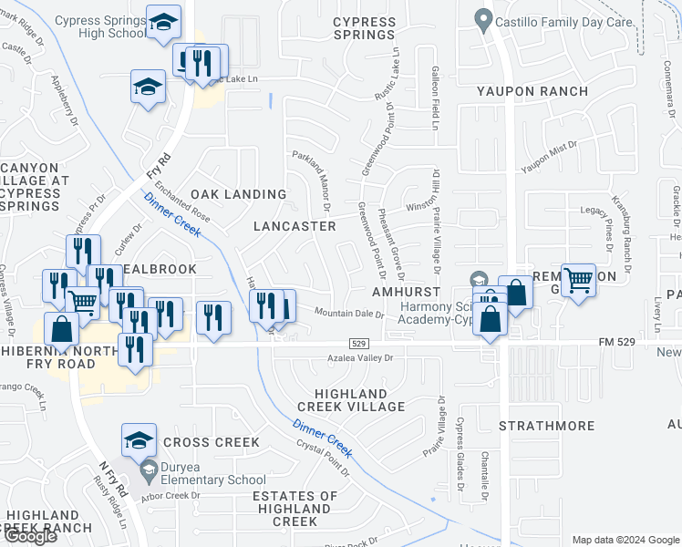 map of restaurants, bars, coffee shops, grocery stores, and more near 7203 Mountain Prairie Drive in Cypress