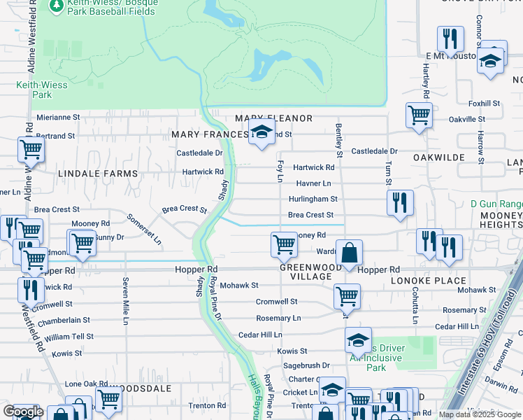 map of restaurants, bars, coffee shops, grocery stores, and more near 3014 Hurlingham Street in Houston